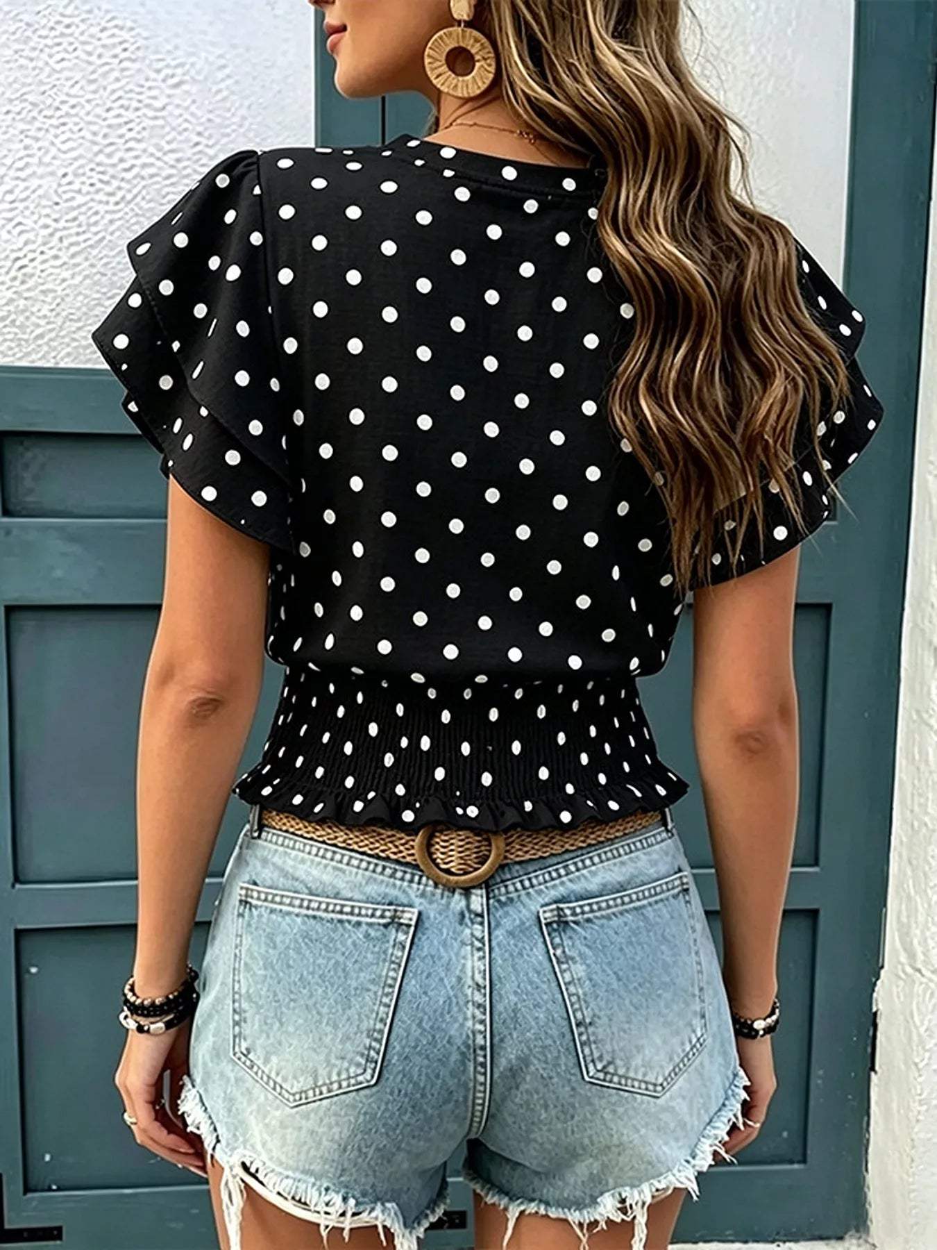 Polka Dot Ruffle Sleeve Blouse - Trendsi - Flyclothing LLC