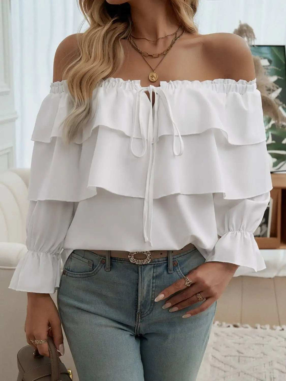 Off-Shoulder Flounce Sleeve Blouse - Trendsi - Flyclothing LLC
