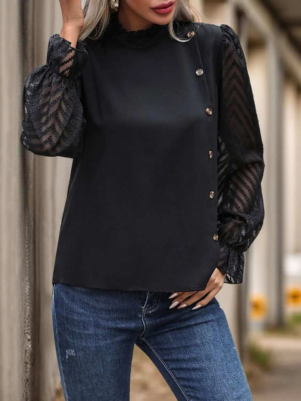 Mock Neck Flounce Sleeve Blouse - Trendsi - Flyclothing LLC