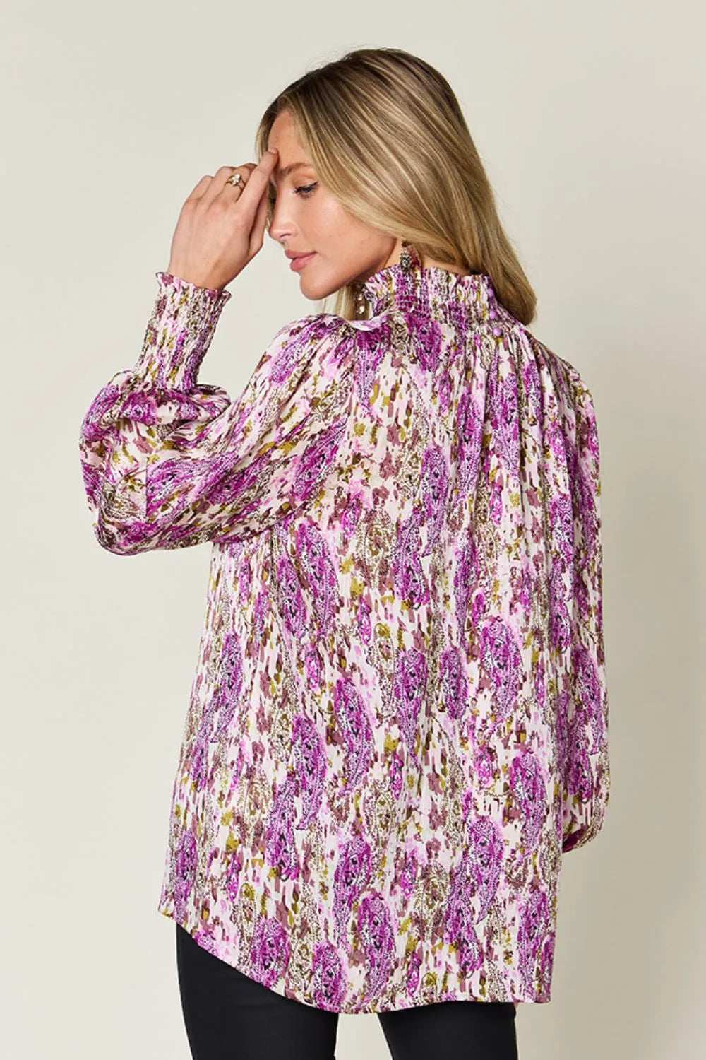 Double Take Full Size Printed Smocked Long Sleeve Blouse - Trendsi - Flyclothing LLC