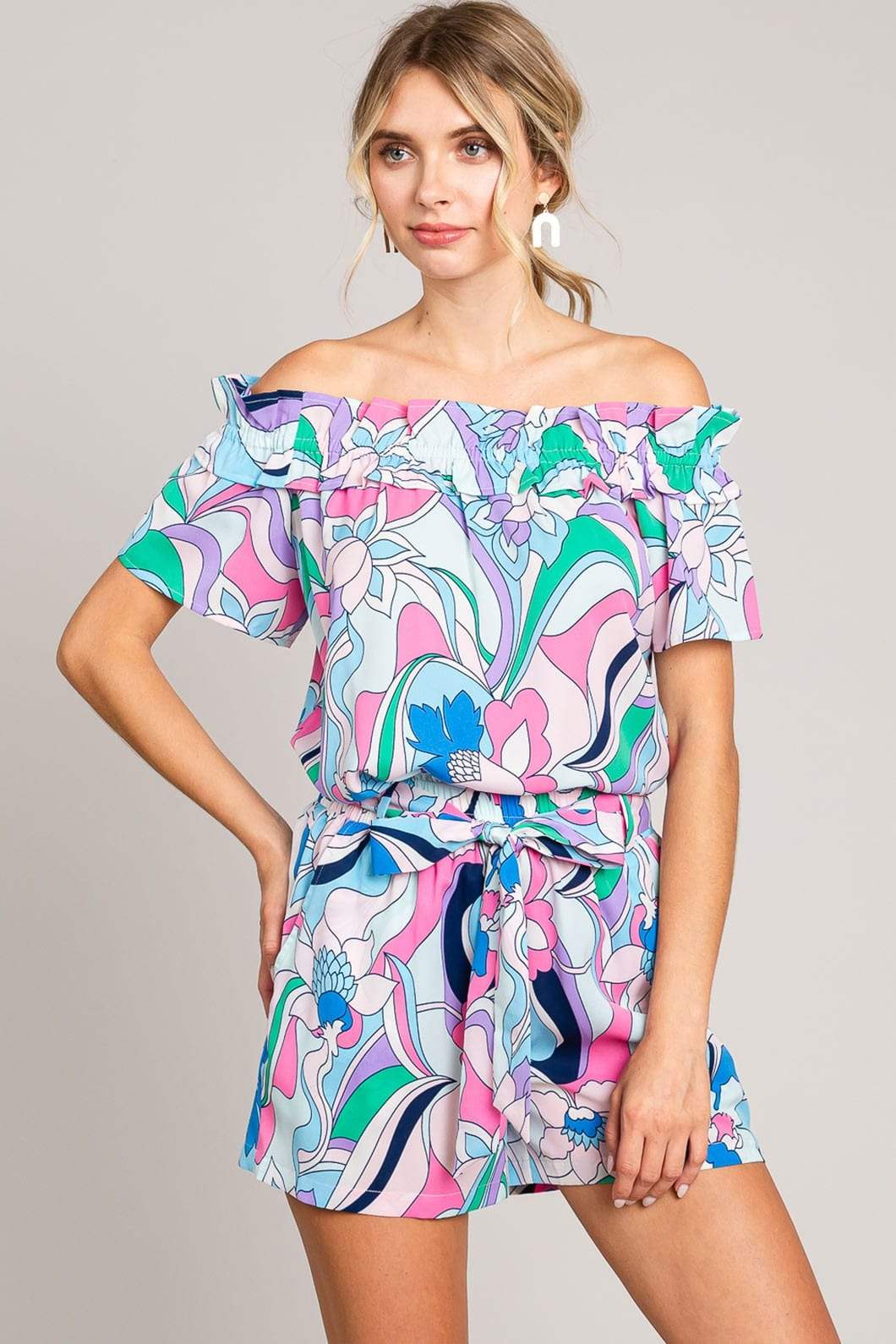 Cotton Bleu by Nu Label Abstracted Print Tie Front Shorts - Trendsi - Flyclothing LLC