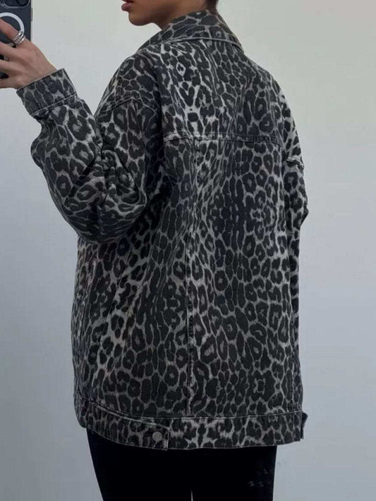 Leopard Button Up Long Sleeve Denim Top - Trendsi - Flyclothing LLC