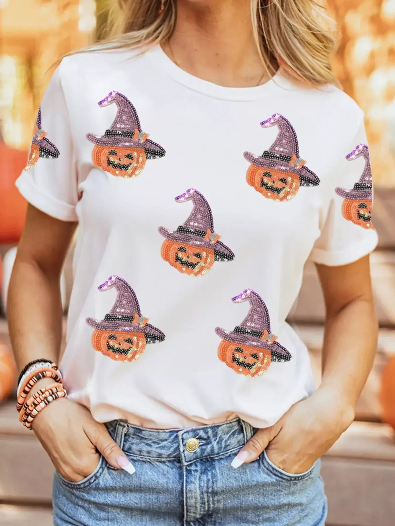 Sequin Pumpkin Witch Halloween Tee - Trendsi - Flyclothing LLC