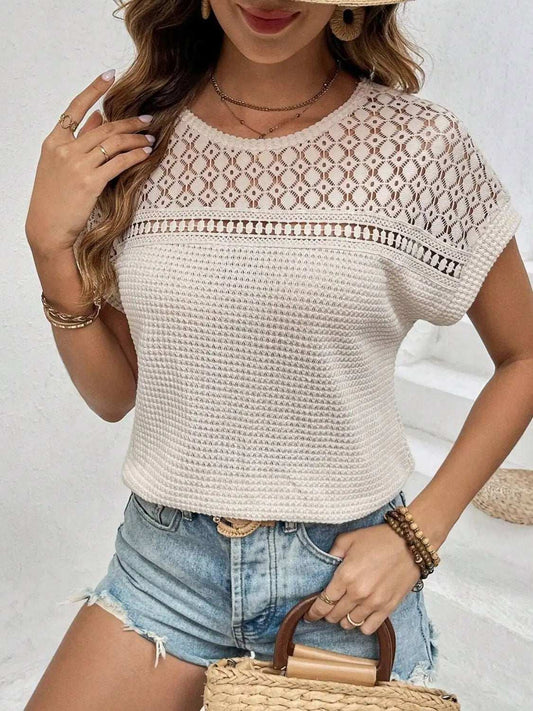 Waffle-Knit Round Neck Short Sleeve Top - Trendsi - Flyclothing LLC