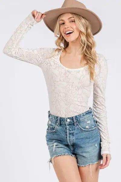 Ces Femme Velvet Floral Long Sleeve Bodysuit - Trendsi - Flyclothing LLC