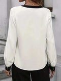 Contrast Notched Long Sleeve Blouse - Trendsi - Flyclothing LLC