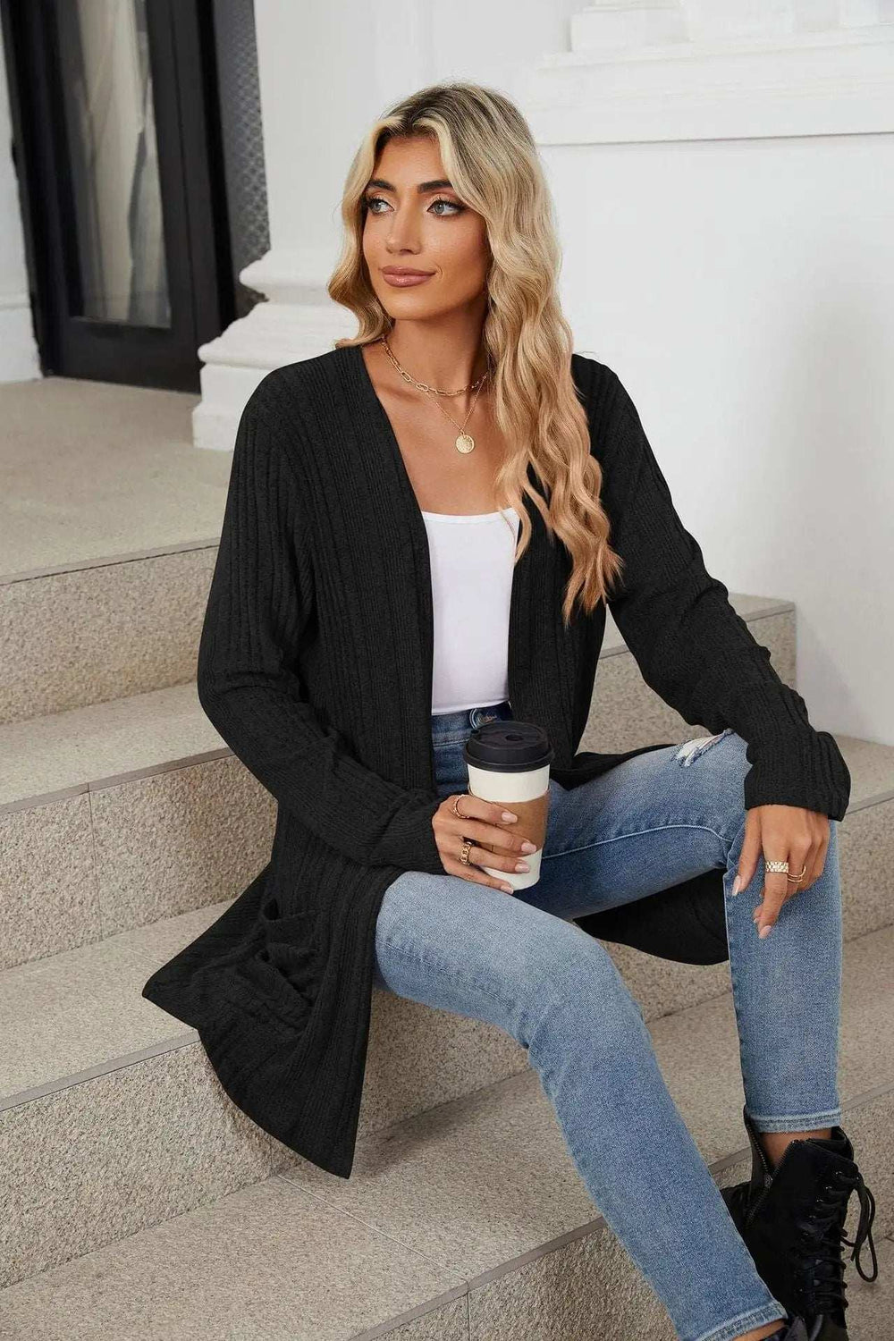 Pocketed Open Front Long Sleeve Cardigan - Trendsi - Flyclothing LLC