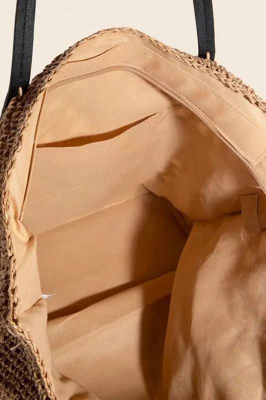 Fame Faux Leather Handle Knitted Tote Bag - Trendsi - Flyclothing LLC