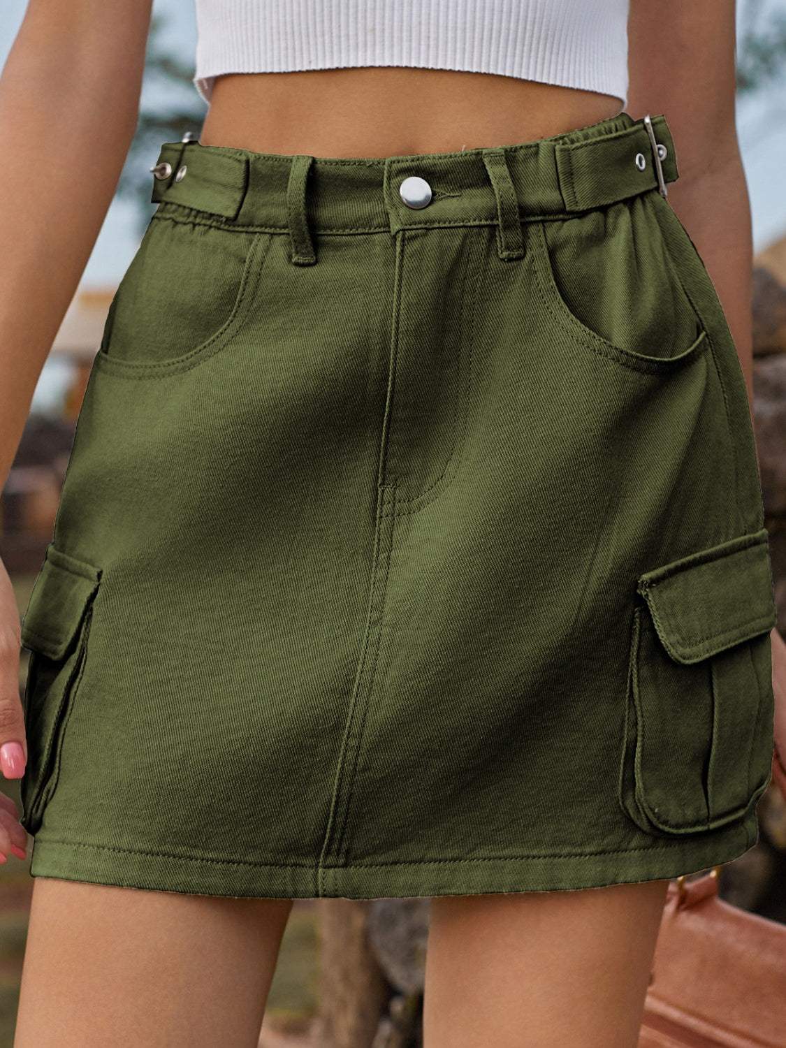 Adjustable Waist Denim Skirt with Pockets - Trendsi - Flyclothing LLC