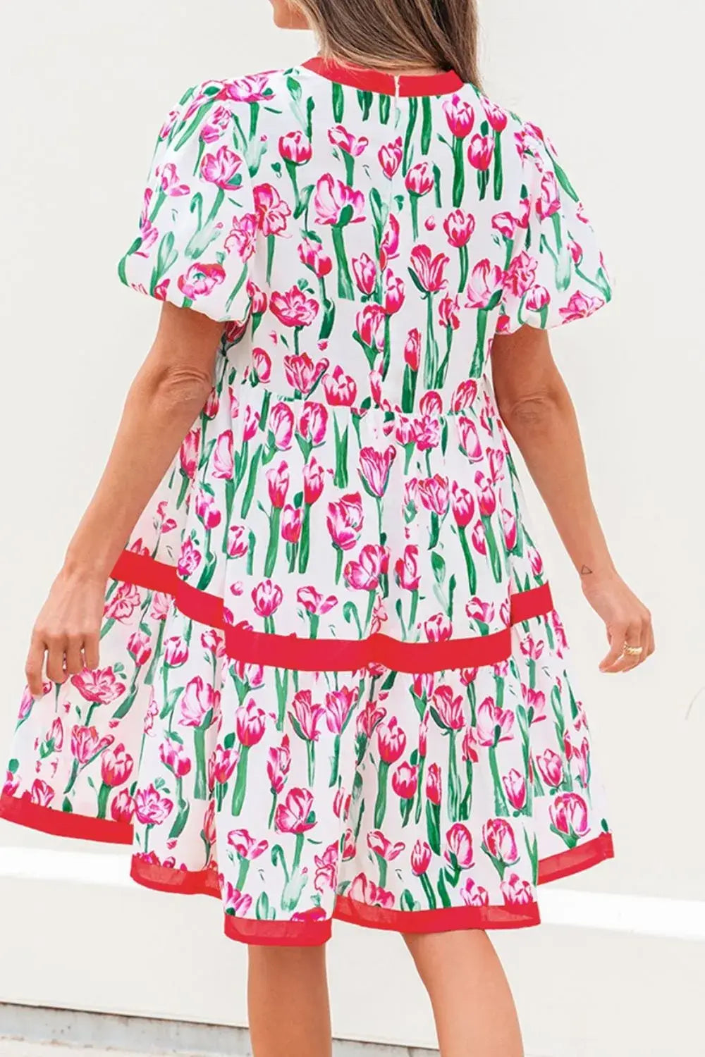 Floral Print Contrast Trim V Neck Bubble Short Sleeve Babydoll Dress - Trendsi - Flyclothing LLC