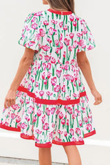 Floral Print Contrast Trim V Neck Bubble Short Sleeve Babydoll Dress - Trendsi - Flyclothing LLC