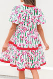 Floral Print Contrast Trim V Neck Bubble Short Sleeve Babydoll Dress - Trendsi