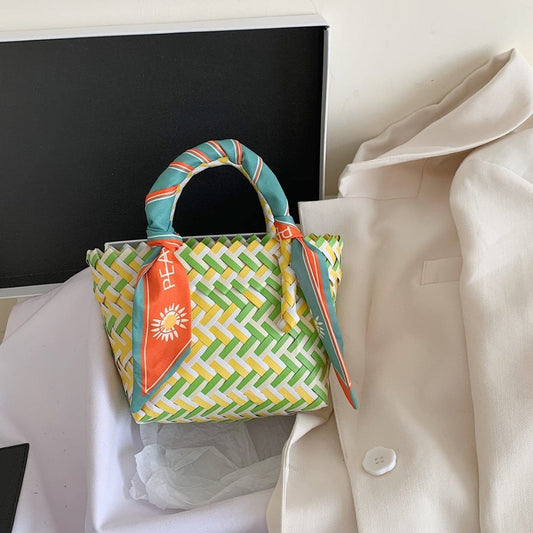 Contrast Woven Handbag with Ribbon - Trendsi