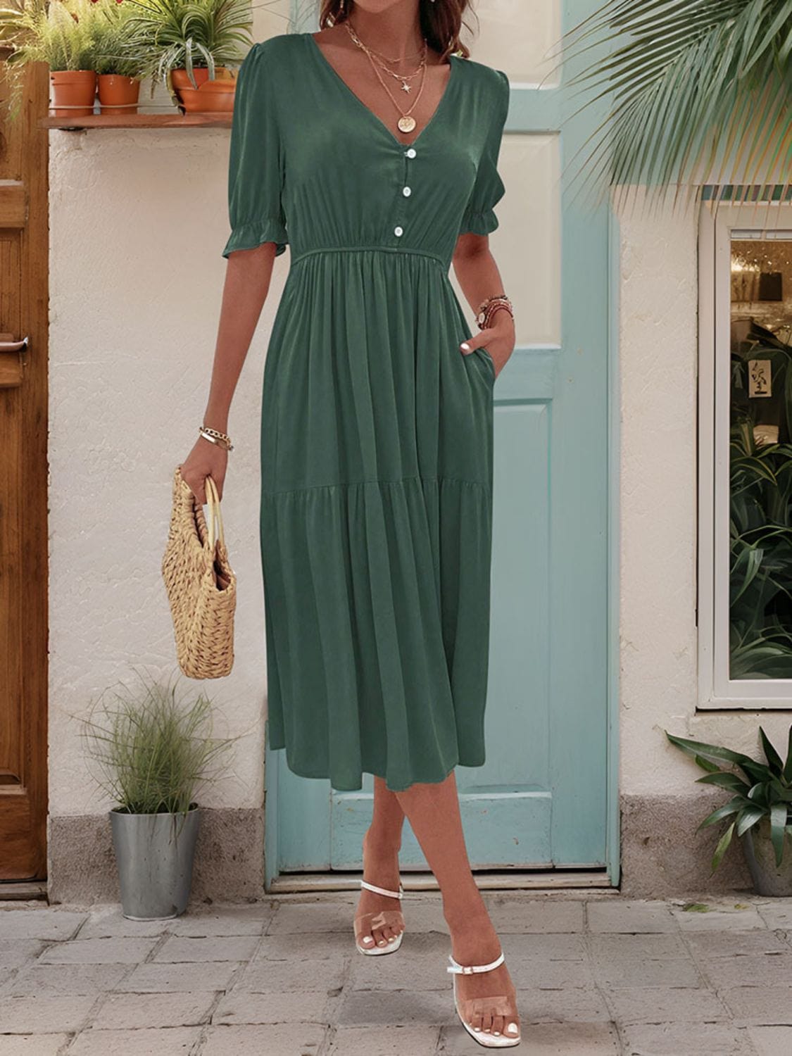 Ruched V-Neck Half Sleeve Midi Dress - Trendsi