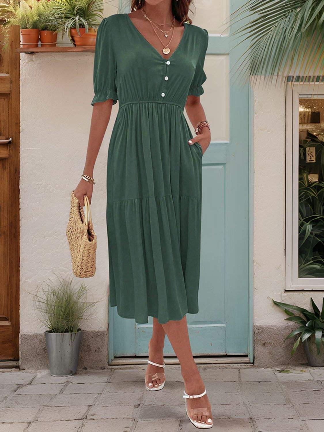 Ruched V-Neck Half Sleeve Midi Dress - Trendsi - Flyclothing LLC