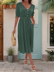 Ruched V-Neck Half Sleeve Midi Dress - Trendsi
