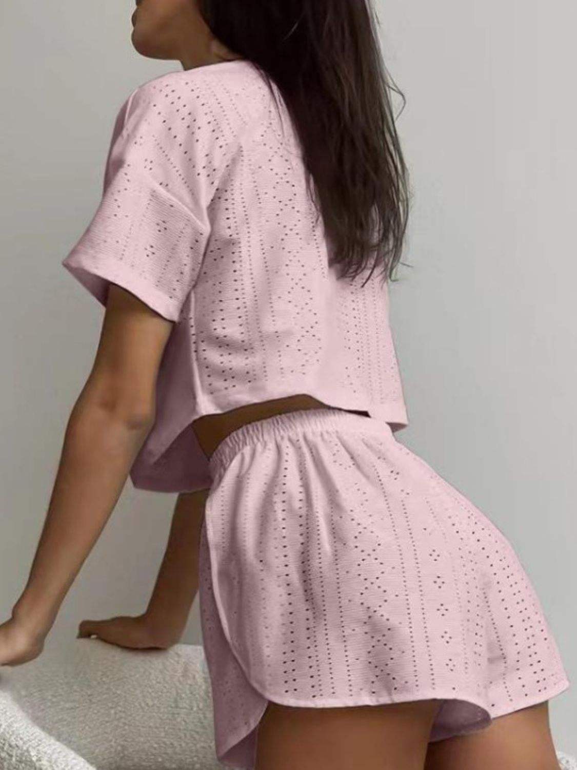 Eyelet Round Neck Top and Shorts Set - Trendsi - Flyclothing LLC