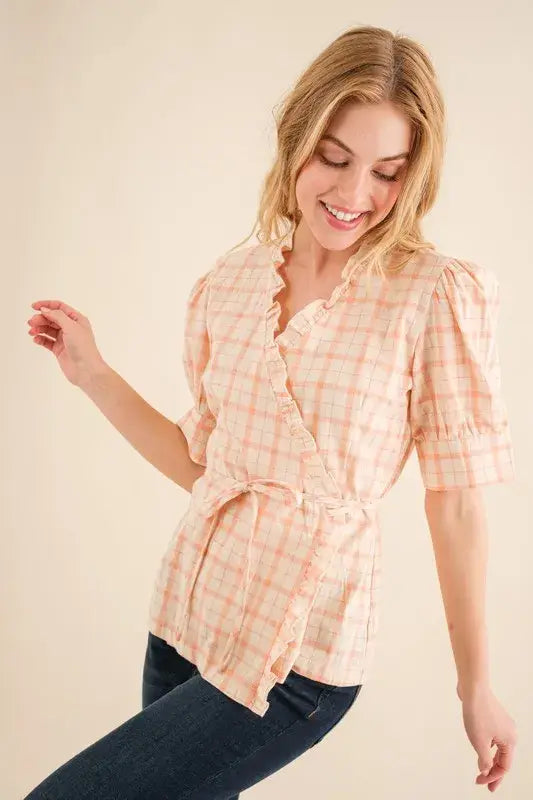 And The Why Plaid Patterned and Ruffled Wrap Blouse Top - Trendsi - Flyclothing LLC