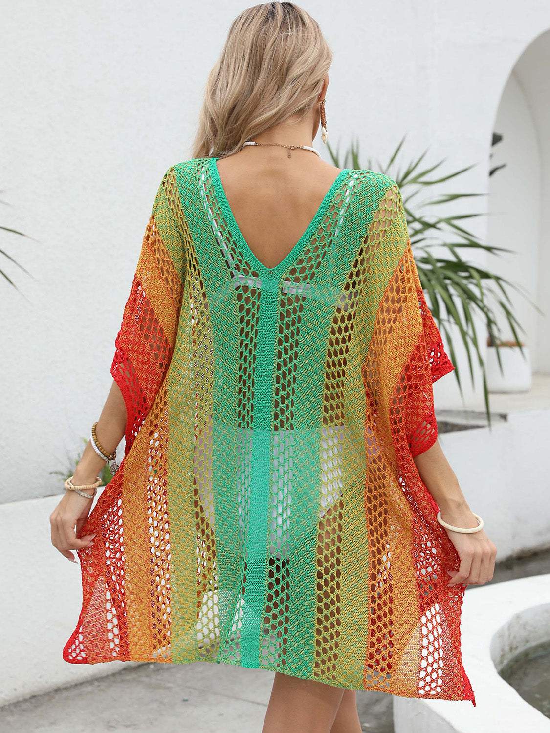 Openwork Contrast V-Neck Cover-Up - Trendsi - Flyclothing LLC