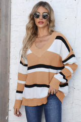 Color Block V-Neck Dropped Shoulder Sweater - Trendsi - Flyclothing LLC