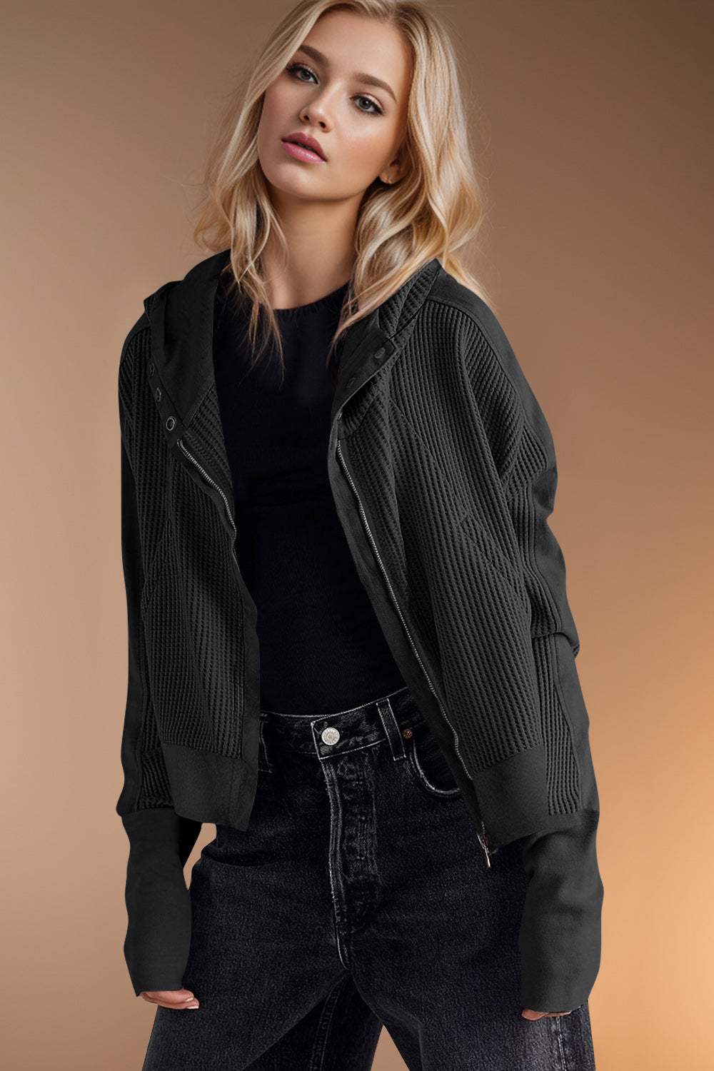 Double Take Waffle-Knit Zip Up Long Sleeve Hooded Jacket - Trendsi - Flyclothing LLC