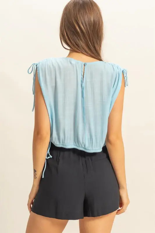 HYFVE Bubble Hem Side Tie Detail Round Neck Sleeveless Blouse - Trendsi - Flyclothing LLC