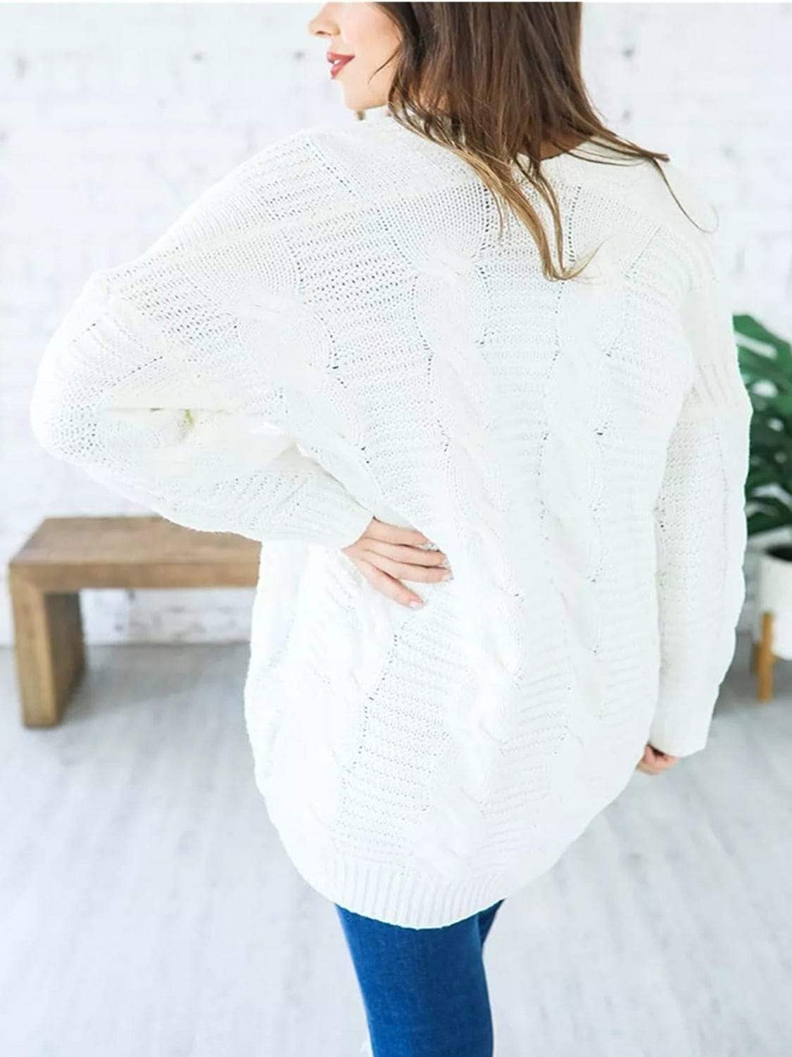 Cable-Knit Open Front Long Sleeve Cardigan - Trendsi - Flyclothing LLC