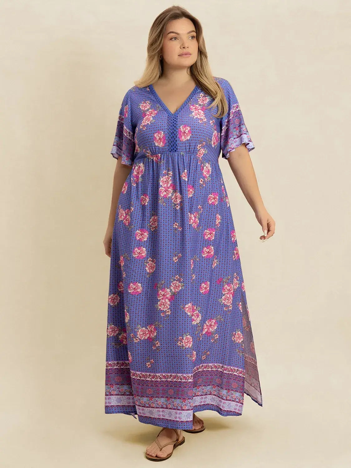 Plus Size Printed V-Neck Flutter Sleeve Dress - Trendsi - Flyclothing LLC
