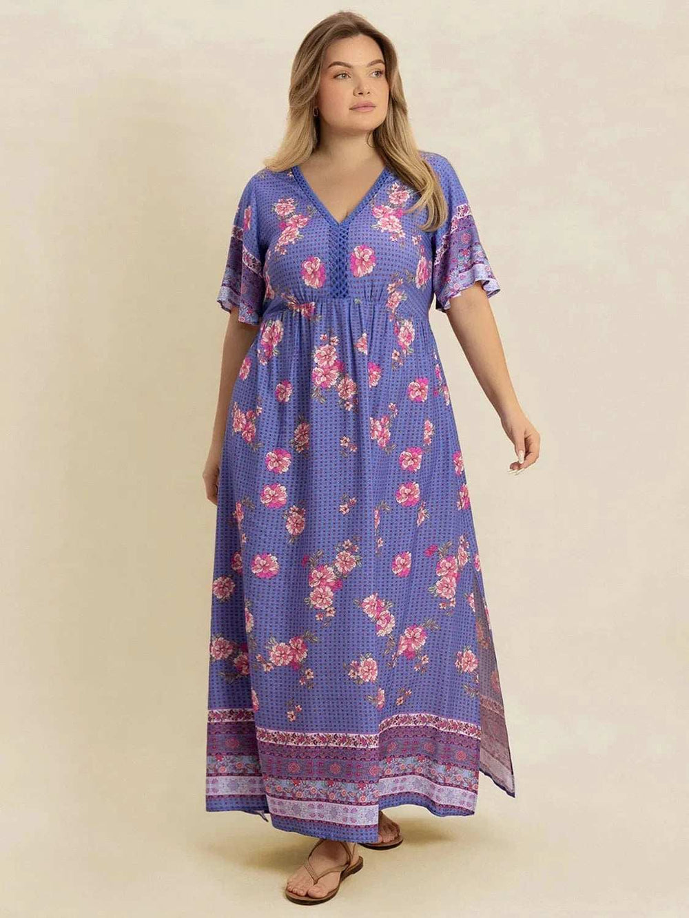 Plus Size Printed V-Neck Flutter Sleeve Dress - Trendsi - Flyclothing LLC