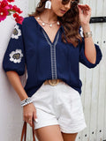 Embroidered Tie Neck Puff Sleeve Blouse - Trendsi