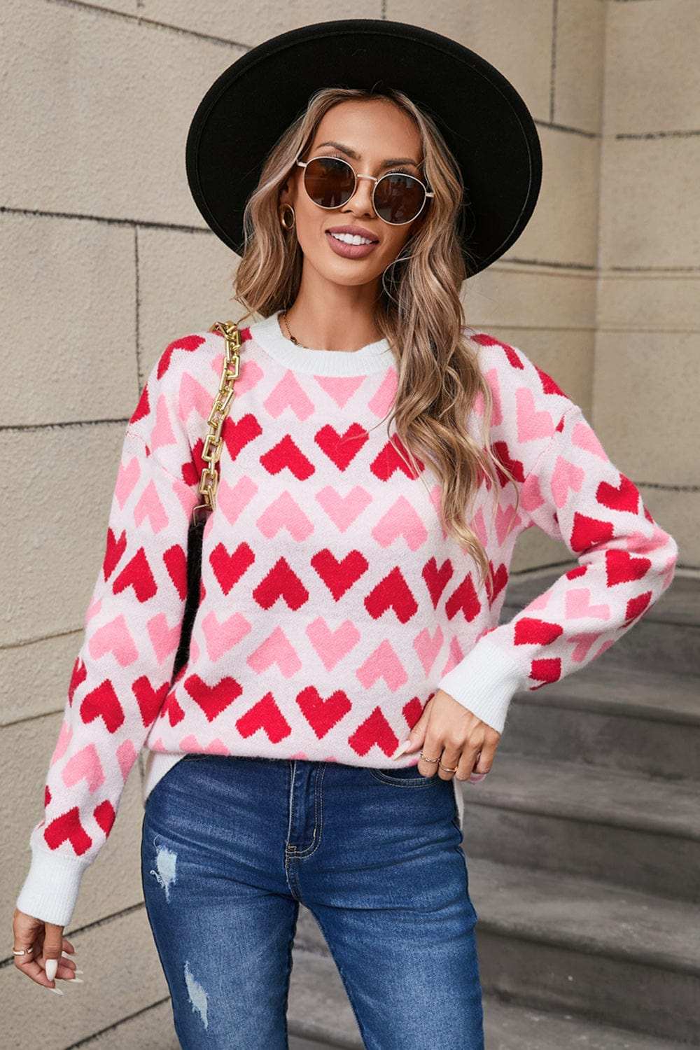 Angel Wings Contrast Heart Round Neck Sweater - Trendsi - Flyclothing LLC
