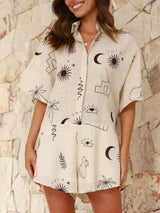 Printed Collared Neck Half Sleeve Romper - Trendsi - Flyclothing LLC
