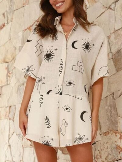 Printed Collared Neck Half Sleeve Romper - Trendsi