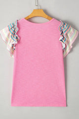 Striped Ruffle Flutter Sleeve Ribbed Blouse - Trendsi - Flyclothing LLC
