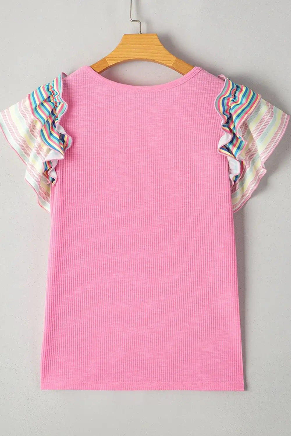 Striped Ruffle Flutter Sleeve Ribbed Blouse - Trendsi - Flyclothing LLC