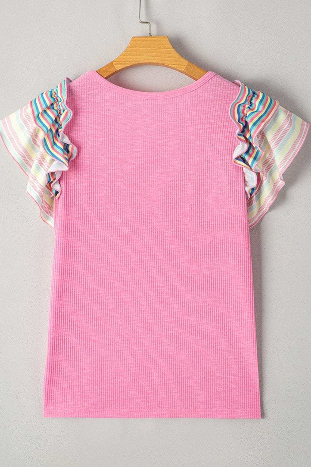 Striped Ruffle Flutter Sleeve Ribbed Blouse - Trendsi - Flyclothing LLC