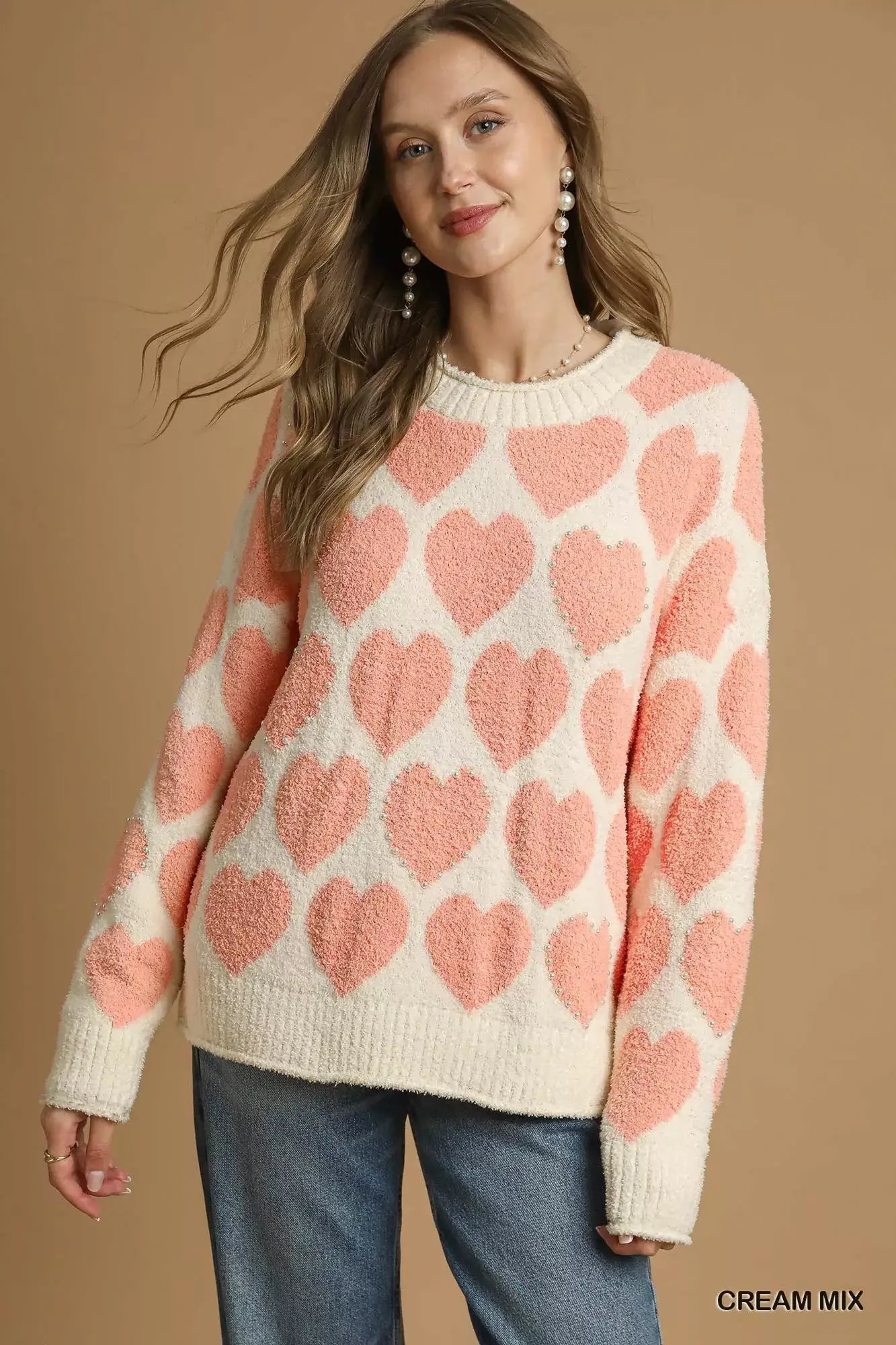 Umgee Mix Heart Pattern Pearl Accent Sweater - Trendsi - Flyclothing LLC