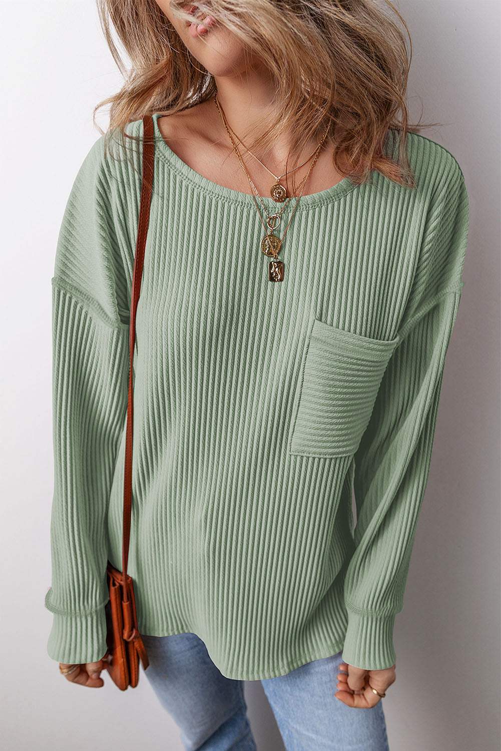 Pocketed Round Neck Long Sleeve Top - Trendsi - Flyclothing LLC