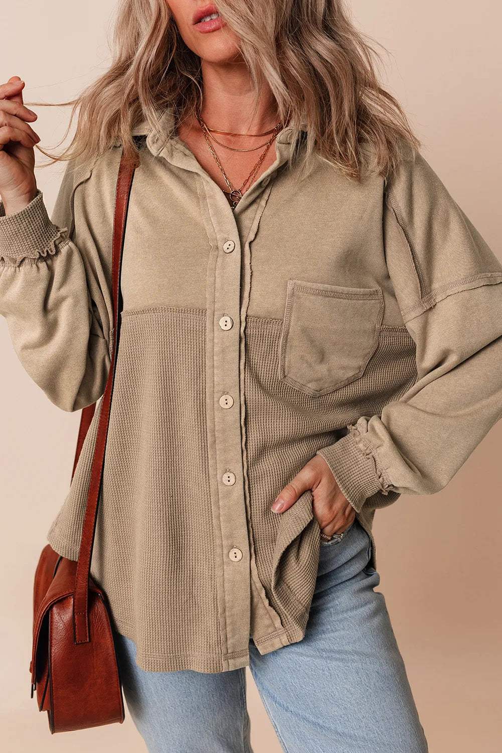 Waffle-Knit Collared Neck Long Sleeve Shacket - Trendsi - Flyclothing LLC