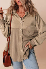 Waffle-Knit Collared Neck Long Sleeve Shacket - Trendsi - Flyclothing LLC