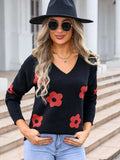 Flower V-Neck Long Sleeve Sweater - Trendsi - Flyclothing LLC