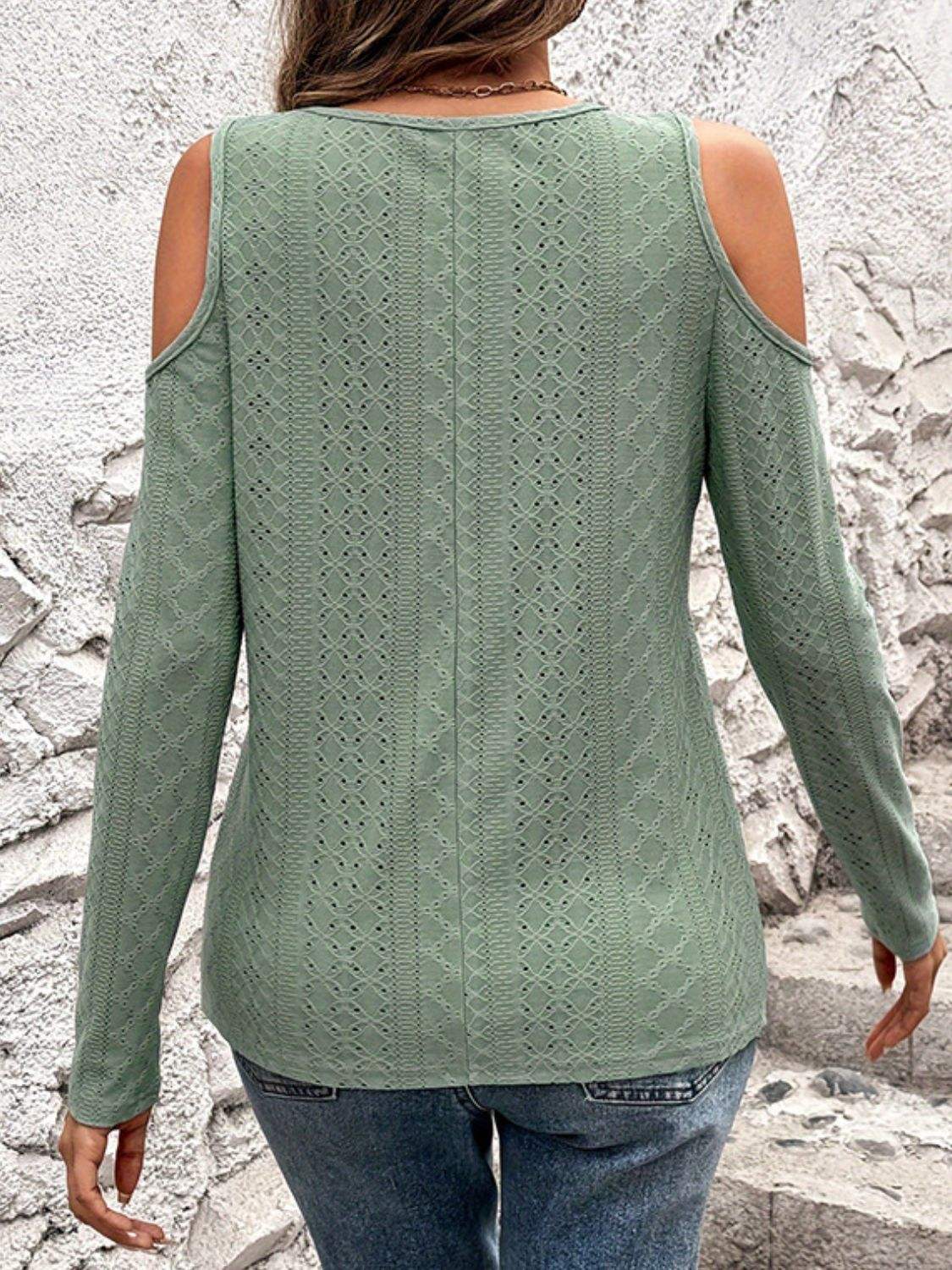 Full Size Eyelet V-Neck Cold Shoulder T-Shirt - Trendsi - Flyclothing LLC