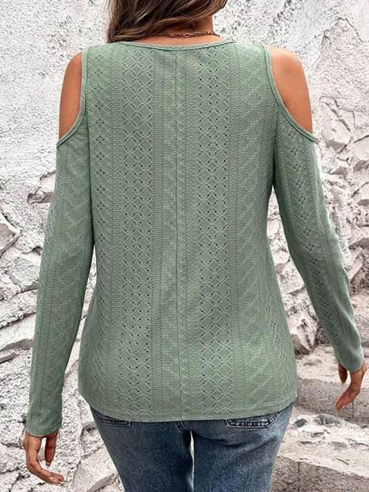 Full Size Eyelet V-Neck Cold Shoulder T-Shirt - Trendsi - Flyclothing LLC