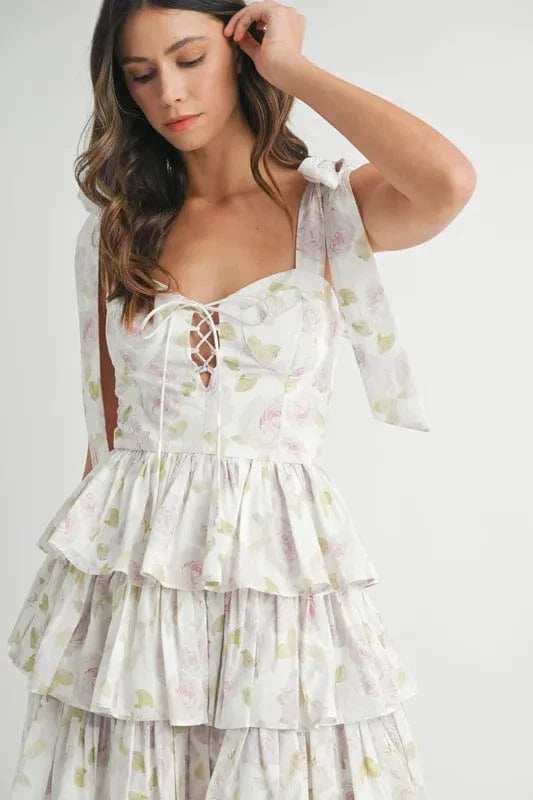 MABLE Floral Print Shoulder Tie Layered Mini Dress - Trendsi - Flyclothing LLC