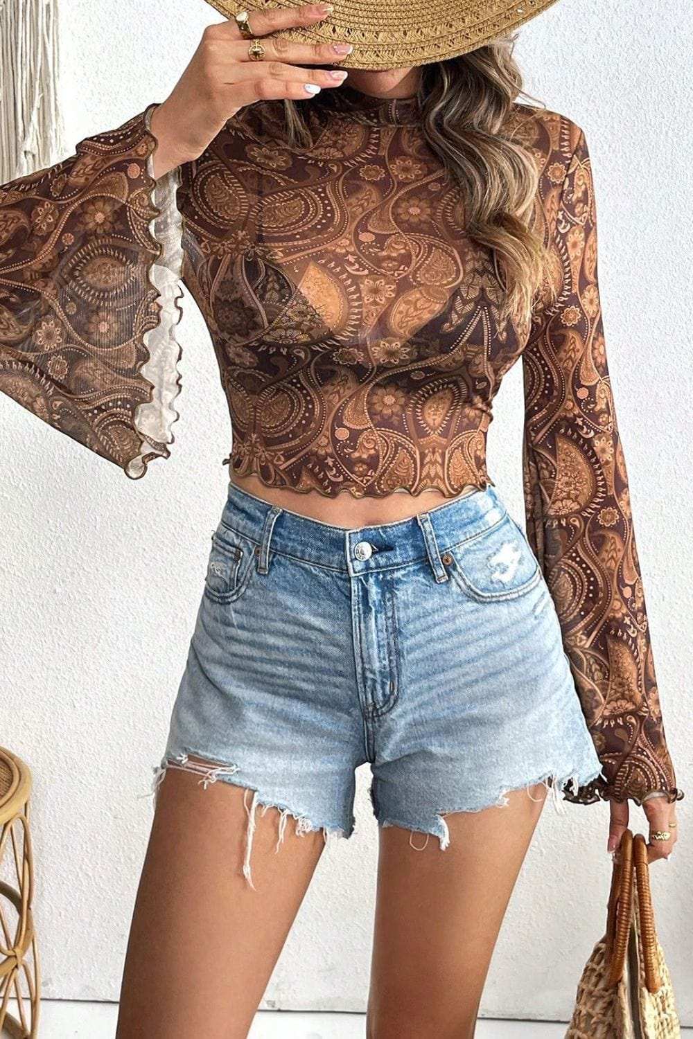 Printed Mock Neck Flare Sleeve Top - Trendsi - Flyclothing LLC
