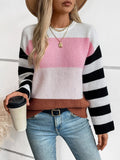 Color Block Round Neck Long Sleeve Sweater - Trendsi
