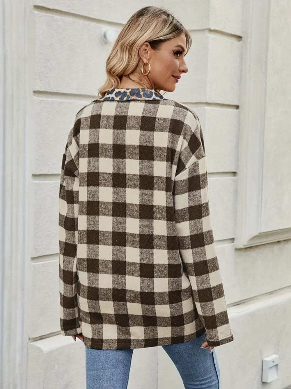 Leopard Trim Plaid Collared Neck Long Sleeve Shirt - Trendsi - Flyclothing LLC