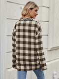 Leopard Trim Plaid Collared Neck Long Sleeve Shirt - Trendsi - Flyclothing LLC
