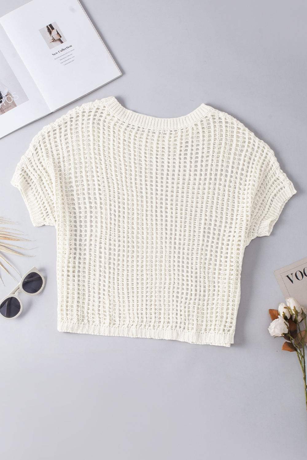 Openwork Round Neck Half Sleeve Knit Cover Up - Trendsi - Flyclothing LLC