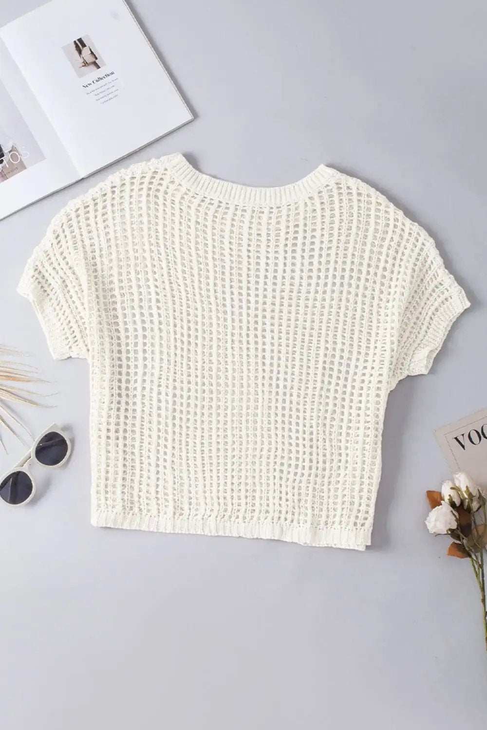 Openwork Round Neck Half Sleeve Knit Cover Up - Trendsi - Flyclothing LLC